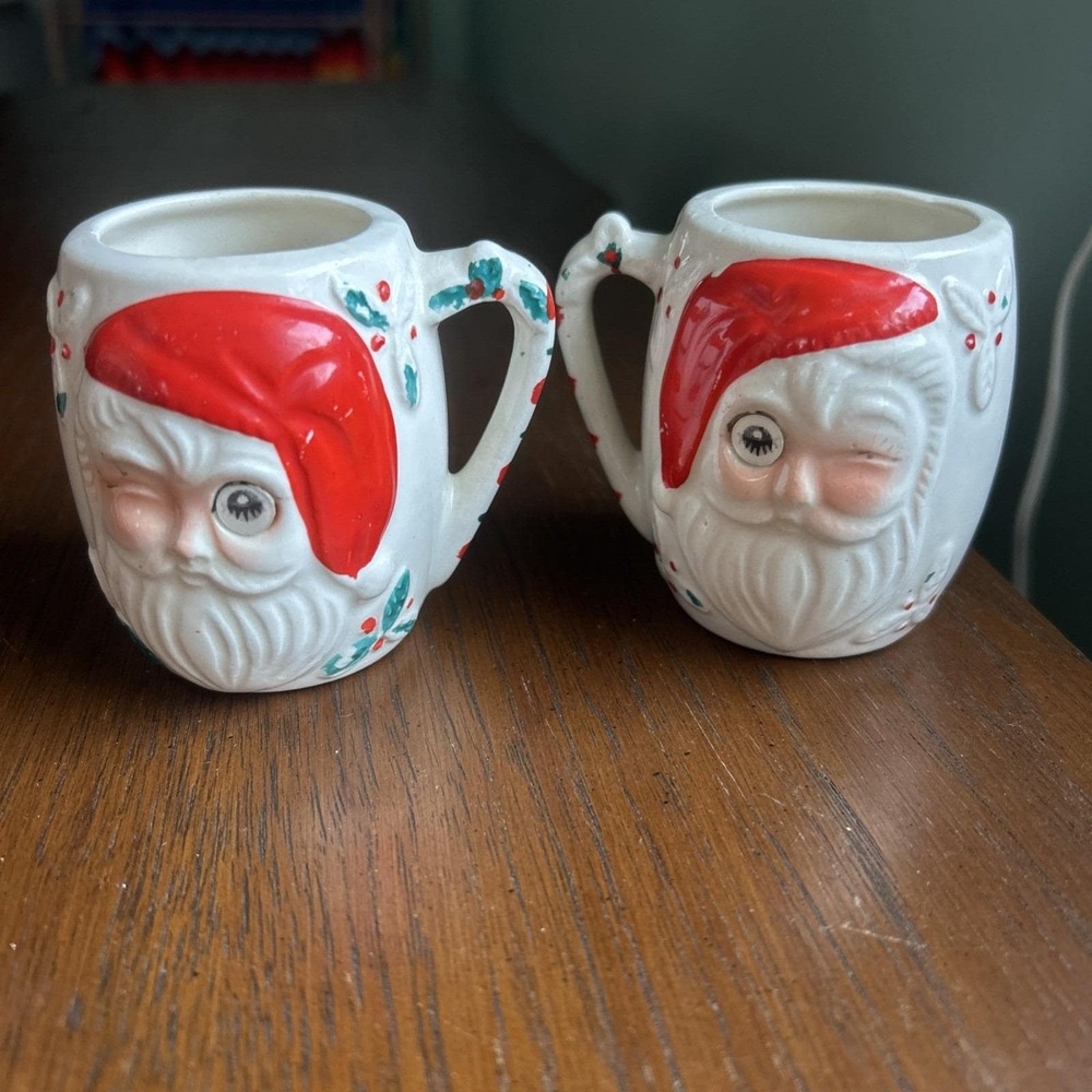 Vintage PAIR Winking Blinking Santa Mini Mug Shot Glass Hologram Eyes Ceramic 4"